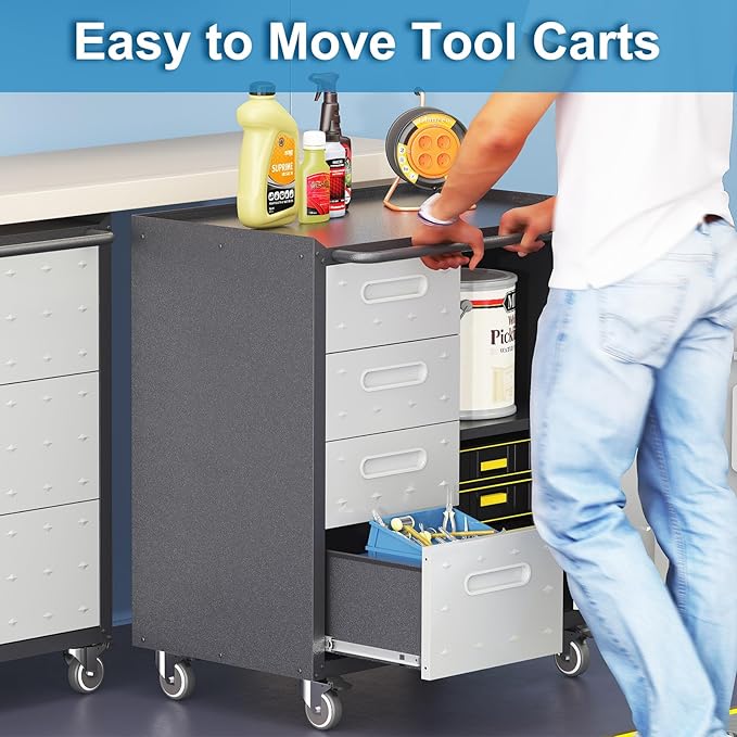 Metal Storage Cabinet with Drawers Heavy Duty Steel Rolling Tool Cabinets on Wheels Garage Storage Cabinet Mobile Locking Tool Carts for Kitchen Basement Garage Warehouse, Assembly Required
