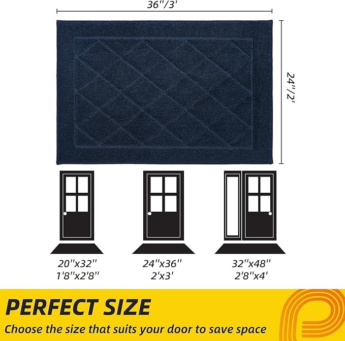JSEI Dirt Trapper Door Mat 24"x36", Non-Slip Washable Entryway Mats, Dog Door Mat, Stain Resistant and Absorbent Floor Mats, Low Profile Welcome Mat for Front Back Door, Navy Blue