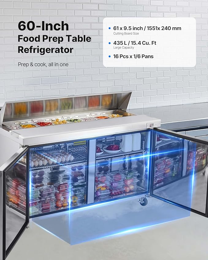 VEVOR 60" W Commercial Refrigerator, 15.4 Cu. Ft Sandwich Prep Refrigerated Table, Mega Top Food Prep Fridge with 16 Pans Cutting Board, Stainless Steel Salad Prep Cooler for Restaurant, Food Truck
