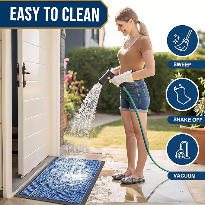 Smiry Front Door Mat Outside Entrance, Heavy Duty Sturdy Natural Rubber Doormat, Trap Dirt and Moisture, Easy Clean Low Profile Mats for Indoor Outdoor Entry, Irregular Triangle (71x47, Blue)