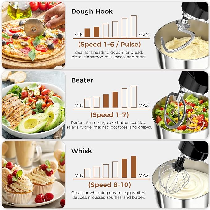 OSTBA Stand Mixer, 5QT+5.5QT Two Bowls Electric Kitchen Mixer, 10+P Speed Dough Mixer with Whisk, Beater & Dough Hook, Dishwasher Safe, Black