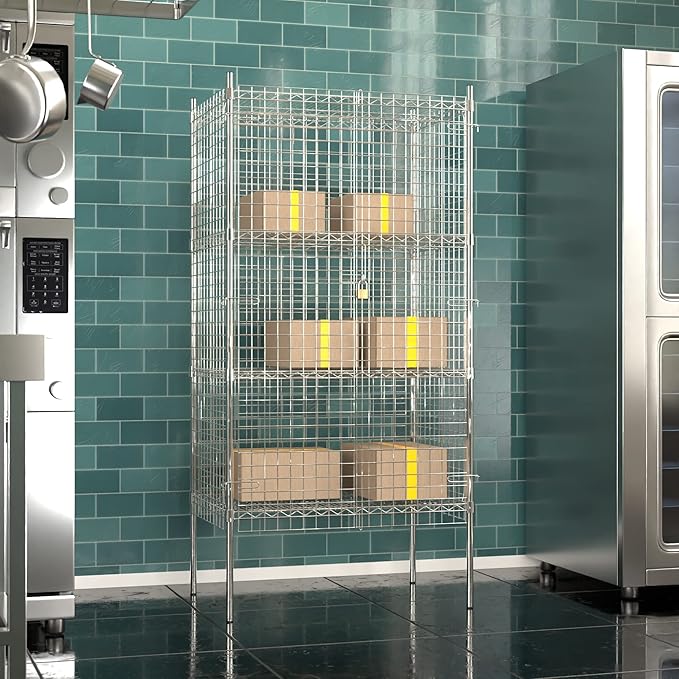 Commercial Grade NSF Listed Metal Wire Mesh Storage Chrome Security Cage Kit, 24" x 36" x 74", Perfect for Warehouse, Grocery Store, Restaurant, Dishroom