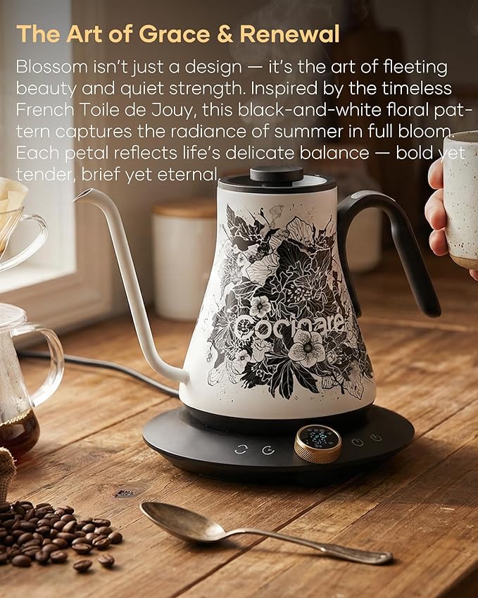 Cocinare FLOW M9 Electric Gooseneck Kettle, ±1℉ Temperature Control for Pour-over Coffee & Tea, Stainless Steel Interior, Quick Heating for Boiling Water (Blossom)