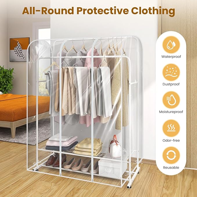 Garment Rack Cover waterproof ransparent Clothes Rack Cover, PEVA Dustproof Wardrobe Hanging Protector Rack Organizer with 2 Smooth Zipper(60 * 20 * 60inch)