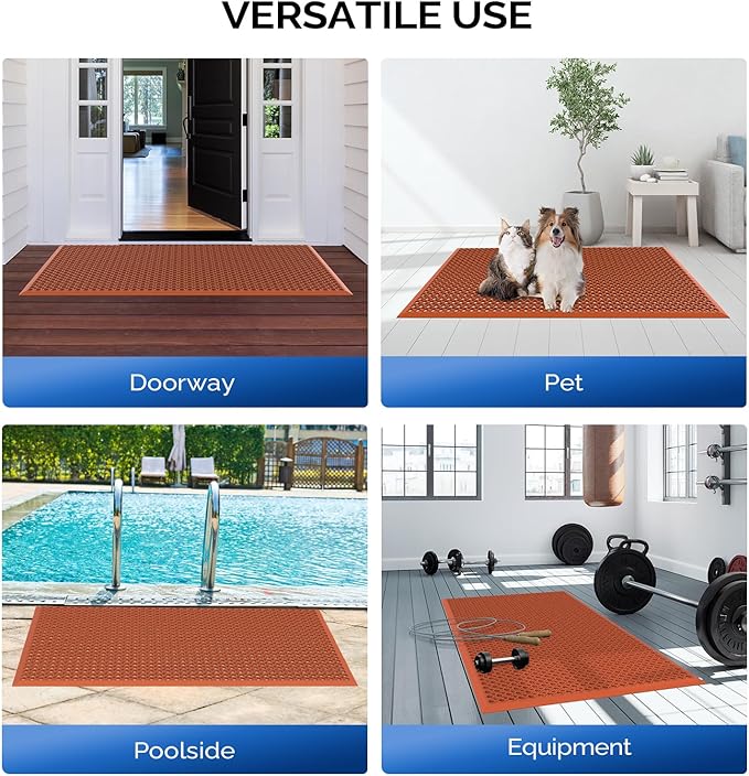 ROVSUN Rubber Floor Mat with Holes, Anti-Fatigue/Non-Slip Drainage Mat, for Industrial Kitchen Restaurant Bar Bathroom Utility Garage Pool Entry Door Mat, Indoor (36'' x 60'' Red 1Pcs)