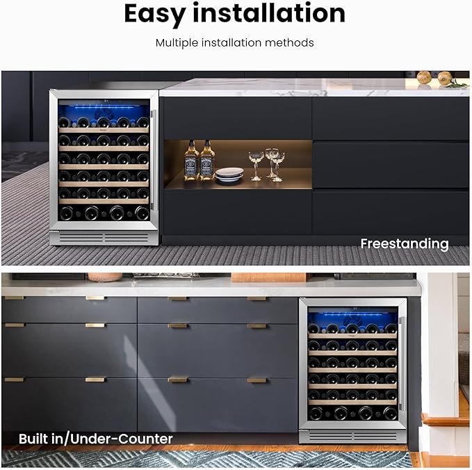 Yeego 24 Inch Wine Fridge Cooler - 52 Bottles Wine Cooler with Glass Door, 40-65℉ Built-In or Freestanding Refrigerator, Under Counter Wine Fridge for Kitchen Bar Office (Left-Hinged)