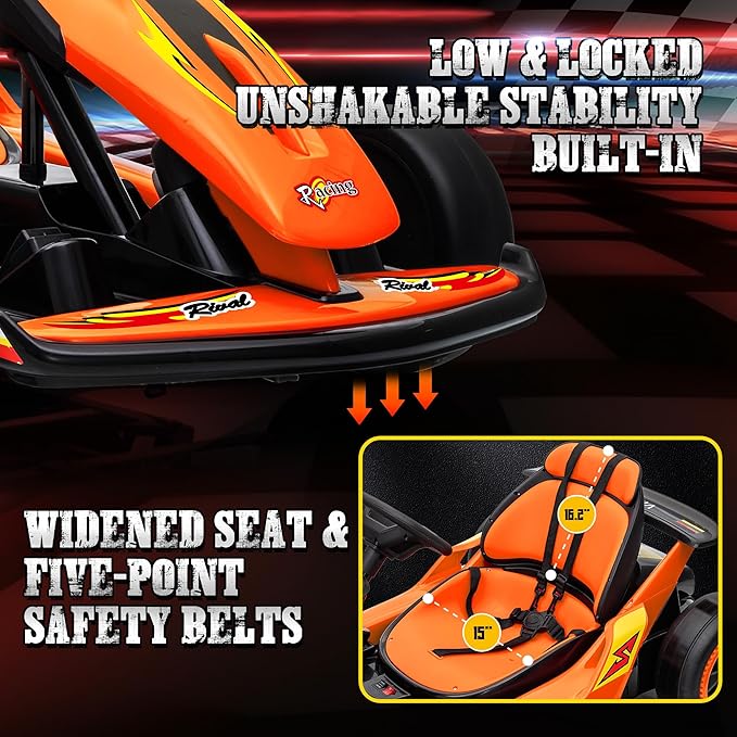 24V Electric Go Kart for Kids, Drift Kart with 400W Motors, EVA Tires, Max Speed 8.1 MPH, Music, Wireless, Electric Drifting Cart Outdoor Ride on Toy for Kids Ages 6+ (Orange)