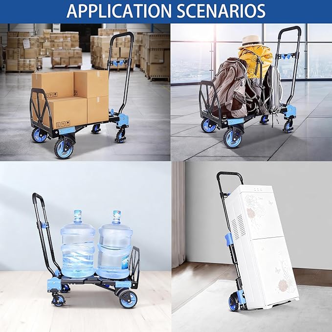 Folding Hand Truck Dolly Capacity Collapsible Heavy Duty Utility Cart with Adjustable Handle Convertible Trolley for Luggage Moving Camping Home Office (Blue, 65cm*46cm*92cm)