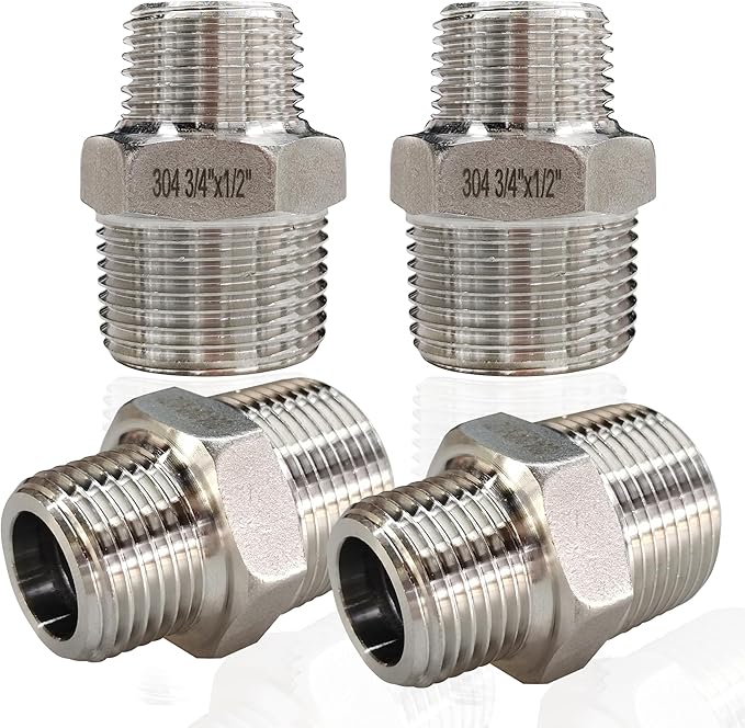 ZOUNI 4pcs Reducing Hex Nipple, 304 Stainless Steel 3/4" NPT Male x 1/2" NPT Male Pipe Fitting Reducer Nipple Adapter 2000psi Reducer Straight Connector (4pcs, 3/4"-1/2")