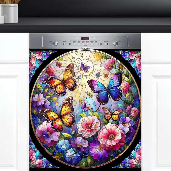 Spring Butterfly Dishwasher Magnet Cover Butterfly Rainbow Animal Dishwasher Decorative Cover Front Dishwasher Door Cover Reuseable Dishwasher Cover Panel Decal for Kitchen Home Appliances 23" X 26"