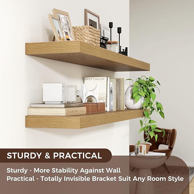 Floating Shelves for Wall 48"W x 9"D x 1.5"H, Long Engineered Wood Wall Shelves with Invisible Brackets for Living Room Bedroom Bathroom Office Kitchen Decor and Storage, Oak Finish, Set of 2