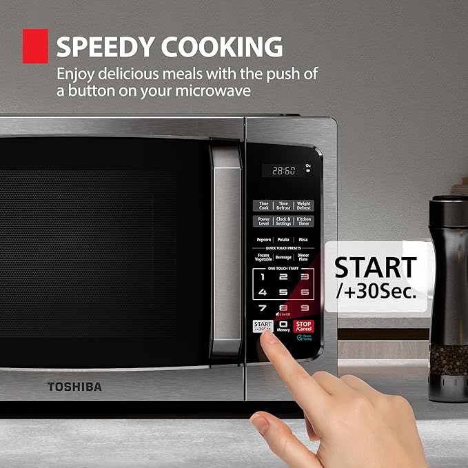 TOSHIBA ML-EM09PA(SS) Small Microwave Oven with 6 Auto Menus, Mute Function & Child Lock, LED Lighting, Perfect for Apartments & Dorms, 0.9 Cu Ft, 10.6 Inch Removable Turntable, 900W, Stainless Steel