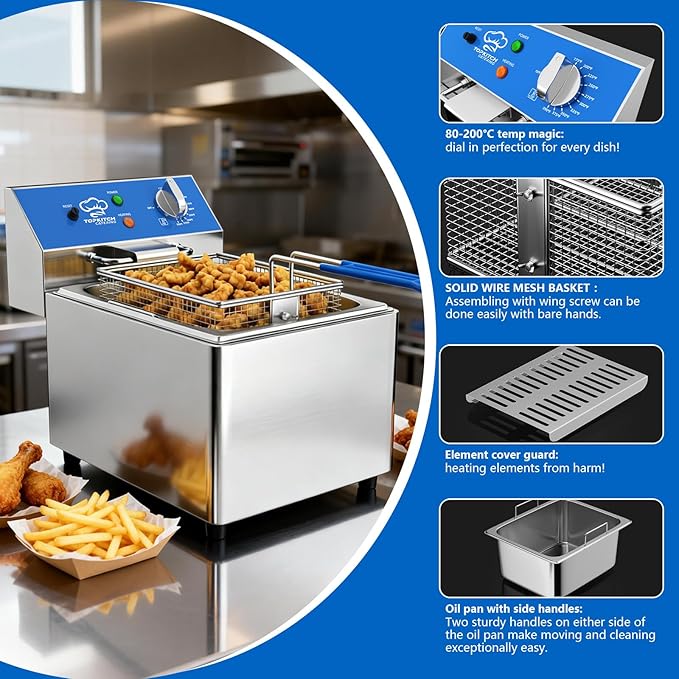 8L Professional Electric Fryer, 1800 W Commercial Electric Fryer Made of Stainless Steel with Basket, Temperature Control 80-200 °C, Fast Heating for Restaurant and Home