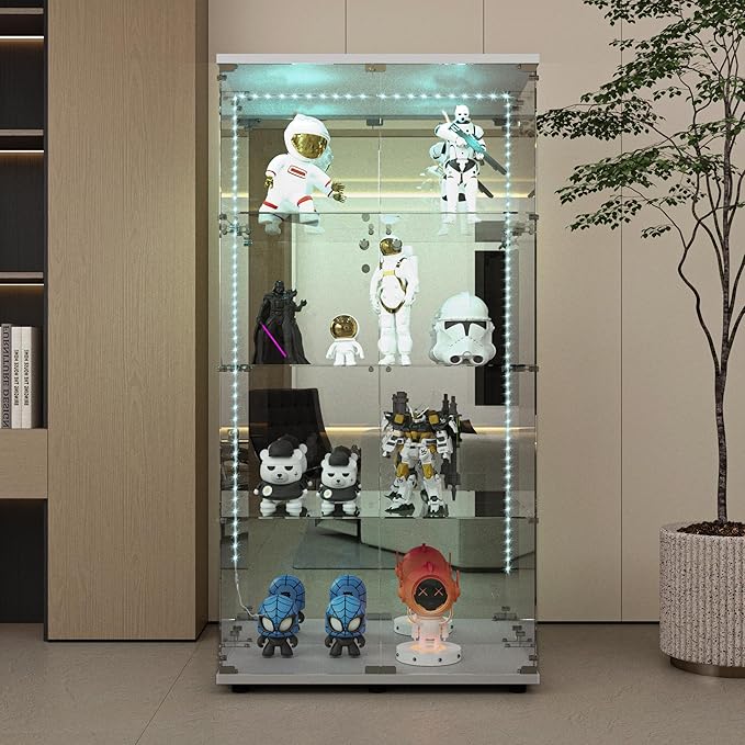 Yoluckea 4 Tiers Glass Display Cabinet with Bluetooth LED Light Strip, 2 Doors Floor Standing Curio Cabinet with Adjustable Feet and Mirror Back Panel, White Glass Bookshelf for Collections, Wood Top