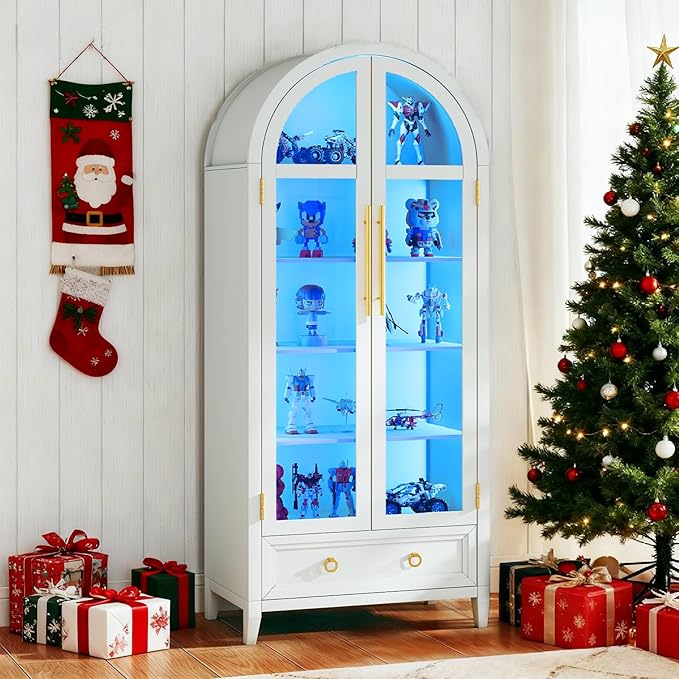 Lvifur 73" Tall Arched Display Cabinet with Glass Doors,4-Tier Curio Cabinets with 3 Color Lights for Collectibles,LED Storage Cabinet with Human Body Sensor,Ajustable Shelf for Toys, Books,White