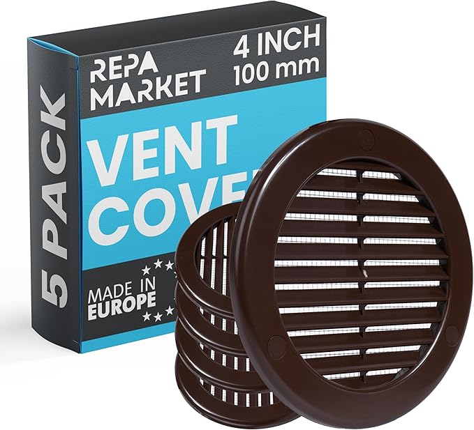 Repa Market 4 Inch (Opening) Brown Round Air Vent Cover - Pack of 5 Plastic Fresh Air Intake Vent - AC Cover with Nylon Mesh Screen - Wall, Ceiling HVAC Return Air Register - Modern Soffit Vents
