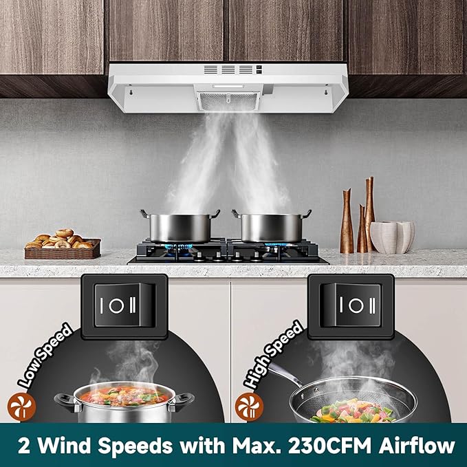 SNDOAS Range Hood 36 inch Under Cabinet,White Spray Painting Stainless Vent Hood with 2 speeds and 230 CFM,Ductless Range Hood with Rocker Buttons,Aluminum Mesh Filter,Kitchen Hood without Plug