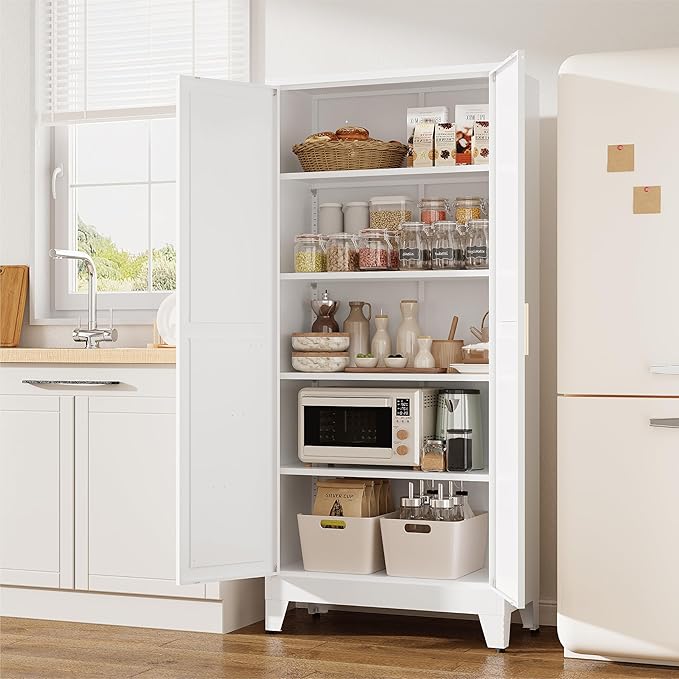 71" Tall Pantry Cabinet, White Metal Pantry Storage Cabinet, Kitchen Pantry Storage Cabinets with 2 Door and 4 Adjustable Shelves (White, 71" H)