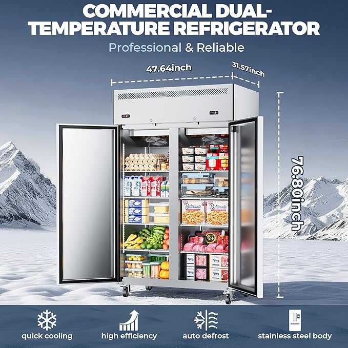 Commercial Refrigerator and Freezer Combo, 48" W 2 Door Dual Temperature Zones Freezers, 39 Cu.ft Commercial Refrigerators with 8 Adjustable Shelves for Restaurant Shop Bar
