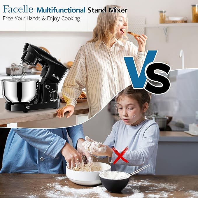 Facelle Stand Mixer, 10-Speed 6QT Kitchen Electric Mixer, Tilt-Head Food mixer with Beater, Dough Hook, Wire Whip and Egg Separator, scraper for Most Home Cooks (Black)