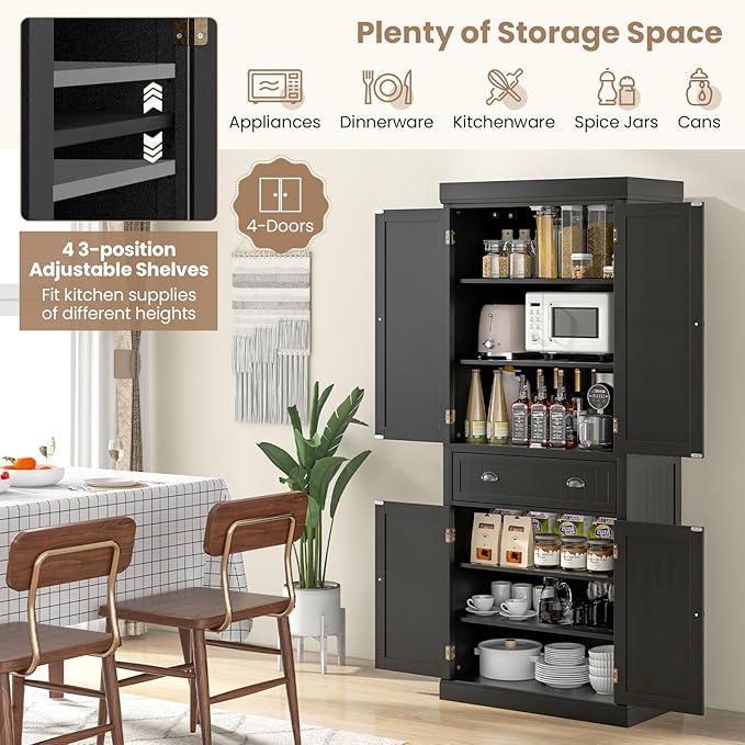 DORTALA 72” Tall Kitchen Pantry Cabinet, Wood Storage Cupboard w/ 4 Adjustable Shelves, 2 Cabinets & Drawer, Utility Freestanding Storage Cabinet for Kitchen, Hallway, Living Room, Black