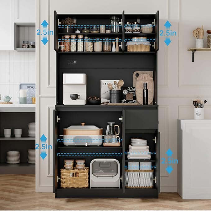 71" Tall Black Kitchen Pantry Cabinet with 6 Doors & Power Outlet, Freestanding Storage Hutch with Countertop, Adjustable Shelves for Dining Room, Laundry Room