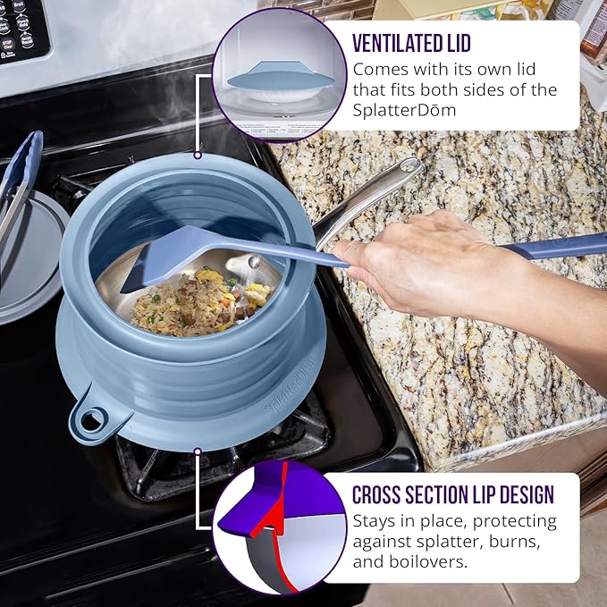 L.I.Q Silicone Splatter Guard – Fits 8 and 10 Inch Pots (20 and 25 Centimeters) – Microwave Safe and Durable SplatterDom - Includes 8” Lid - Food and Oil Splash Guard (Blue Steel, Small)
