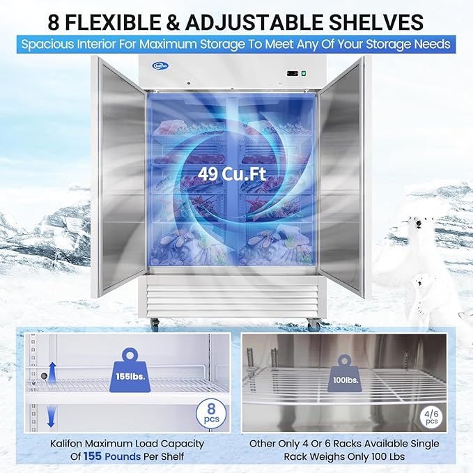 Commercial Freezer, 54"W Commercial Refrigerators, 49 Cu.Ft Commercial Reach-in Freezer, ETL Upright 2 Doors Auto-Defrost, Commercial Freezer Upright with 8 Shelves for Restaurant, Bar, Market
