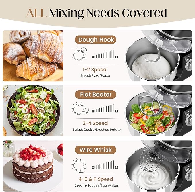800W Stand Mixer with 5.3QT Stainless Steel Bowl - 6+P Adjustable Speed Electric Kitchen Mixer with Dough Hook, Whisk & Beater, Tilt-Head & Non-Slip Design- Black (YD-385NS)