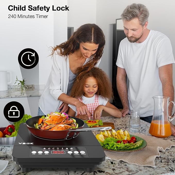 VBGK Portable induction Cooktop,110V Single Burner Induction Stove Top,1800W Induction Hot Plate Electric Burner,7 Power Levels, Kids Lock & Timer,LED touch control,Overheat Protection
