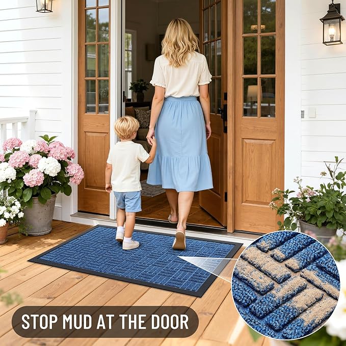 OLANLY Front Door Mat Outside Entrance 29.5x17, Absorbent, Heavy Duty Sturdy Natural Rubber Doormat Indoor Outdoor, Non-Slip, Stain and Fade Resistant, Low Profile Floor Mat for Entryway, Ocean Blue