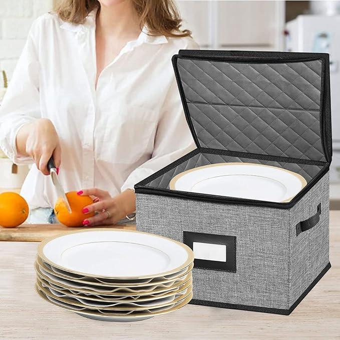 China Storage Containers-Quilted Dish Storage Containers with Lid Hard Shell for Moving Transport, Dinnerware Storage,Stackable Plate Storage,24 Felt Plate Dividers Included,2PACK 12*12*8in