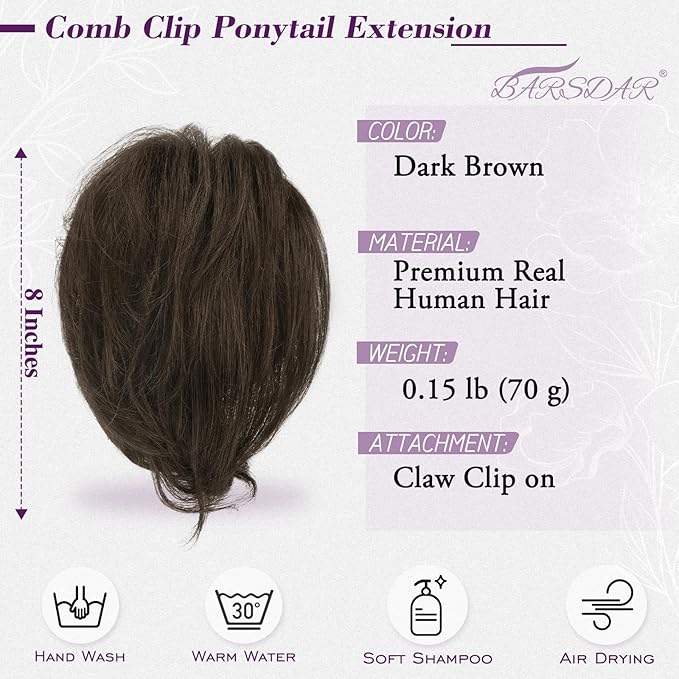 BARSDAR Short Claw Clip Human Hair Ponytail Extension - 8 Inch Real Human Hair Dark Brown Messy Bun Hairpieces for Women - Thick Natural DIY Styles Short Ponytail with Bendable Metals Daily Wear