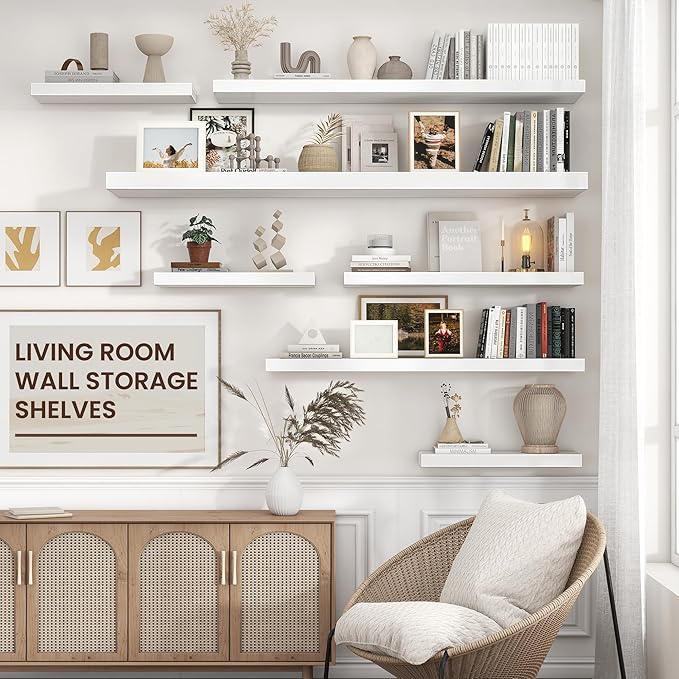Floating Shelves for Wall 48"W x 9"D x 1.5"H, Long Engineered Wood Wall Shelves with Invisible Brackets for Living Room Bedroom Bathroom Office Kitchen Decor and Storage, White Finish, Set of 2