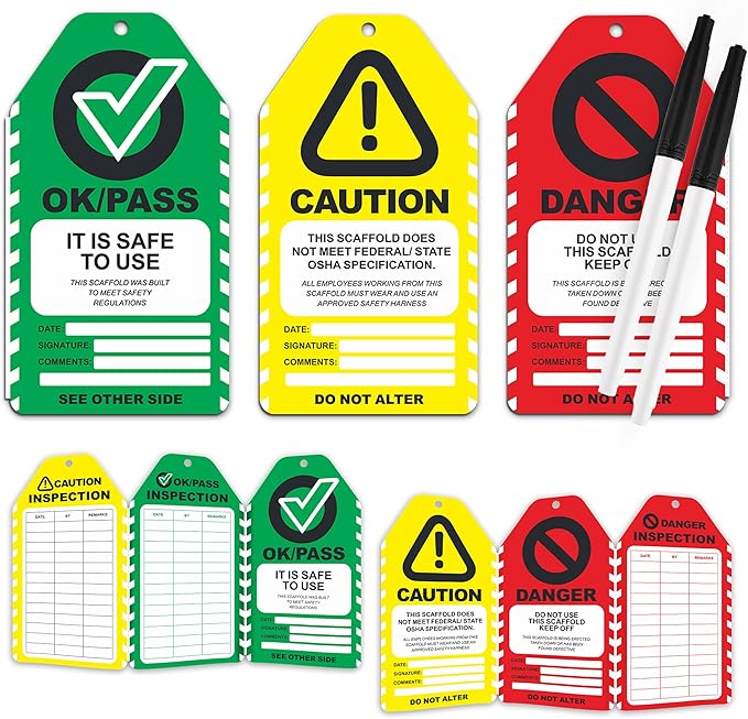 Scaffold Inspection Tags 50 Pack, Performance Never Tear Scaffolding Safety Inspection Tags, Waterproof Scaffold Inspection Tag Outdoor, OSHA Compliant Scaffold Tags Cards Red Yellow Green