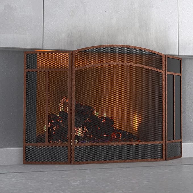 Fire Beauty Fireplace Screen 3 Panel Wrought Iron 48"(L) x 29"(H) Spark Guard Cover(Antique Bronze)