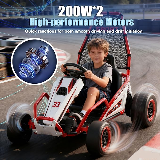 24V 8.5 MPH Electric Go Kart for Kids, 400W Powerful Drift Kart w/Front EVA Wheel & Metal Frame, Ride on Toy w/Music & Lights, Suspension, 2 Speed, 5 Point Harness, Crazy Cart for Ages 6+, Red