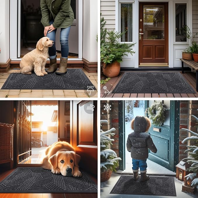 Smiry Front Door Mat Outside Entrance, Heavy Duty Sturdy Natural Rubber Doormat, Trap Dirt and Moisture, Easy Clean Low Profile Mats for Indoor Outdoor Entry, Interwoven Stripes 29.5x17, Grey