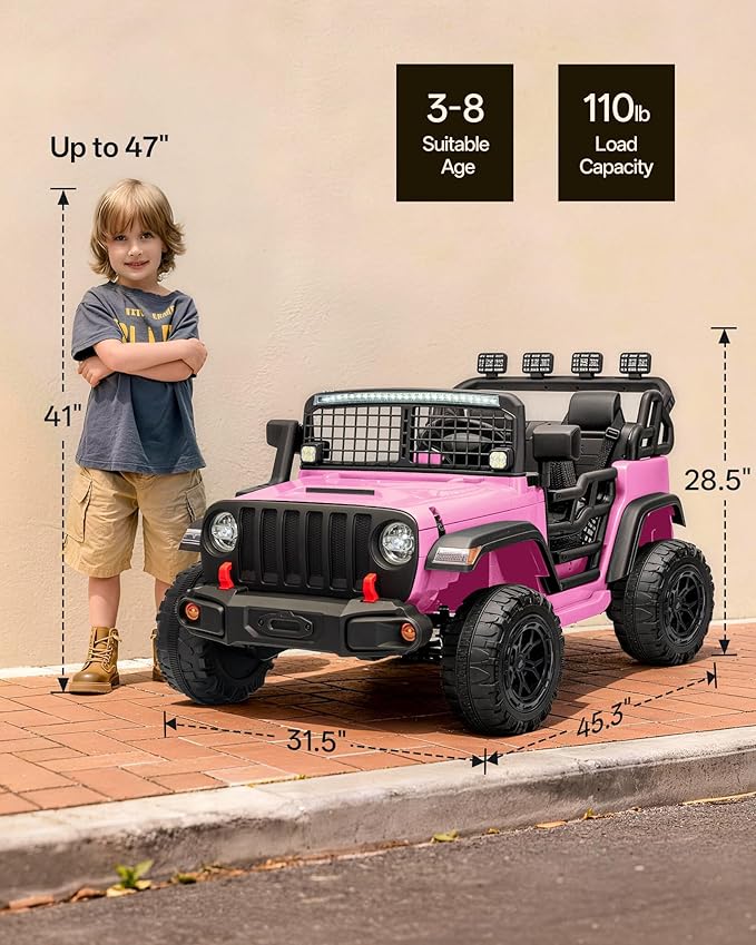 2 Seater Ride on Car Toy, 12V Electric Car for Kids 4-8 with Remote Control, Capacity 110 lb, LED Light - Light Pink