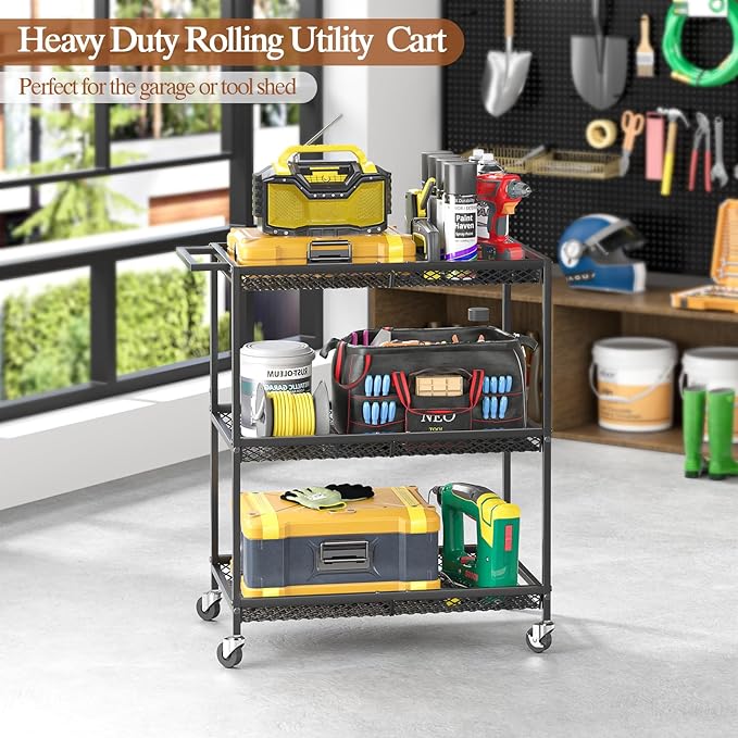 3 Tier Rolling Utility Kitchen Cart, Heavy Duty Wire Rolling Cart on Wheels, Commercial Metal Serving Carts with Handle, Kitchen Island Plant Shelf Food Storage Trolley for Laundry, Office, Garage