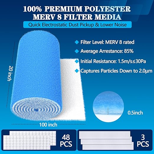 MERV 8 Air Vent Filters, 20" x 100"Cut to Fit Air Filter Material (80+ Filters),Electrostatic Triple Vent Filter for Floor, Ceiling, HVAC Furnace Vents, Includes 48 Adhesive Hook Tape