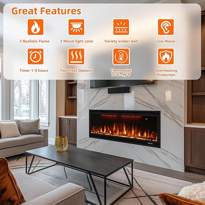 42 inch Smart Electric Fireplace with App Control, Wall Mount & in Wall recessed Fireplace Inserts, Multicolor Flame w/Realistic Log &Crystals, Overheating Protection and Timer, 750W/1500W, Black