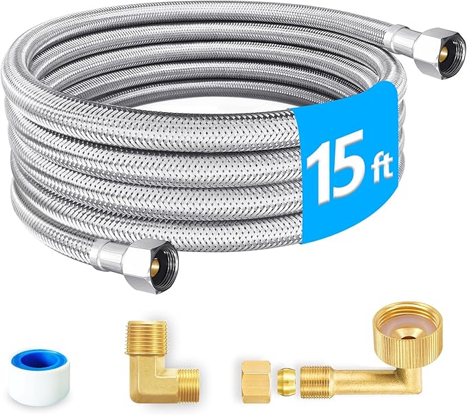 Dishwasher Installation Kit - 15 FT Premium Stainless Steel Braided Dishwasher Hose kit,Food Grade PEX Inner Tube Dishwasher Water Supply Line with 3/8"x3/8"MIP Elbow,3/8"x 3/4" FHT Elbow