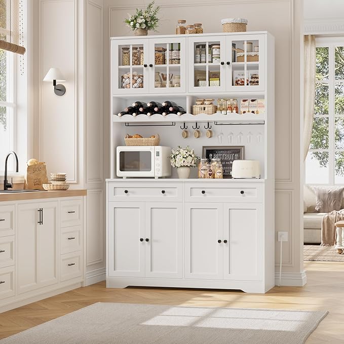 HOSTACK 75.4" Tall Kitchen Pantry Cabinet with Charging Station, Modern White Kitchen Hutch with Microwave Stand and Wine Racks, Large Food Pantry Storage Cabinet with Glass Doors and Drawers, White