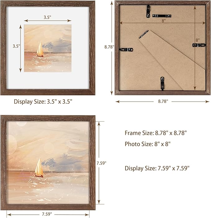 Fun Memories 8x8 Square Picture Frame, Solid Oak Wood 8"x8" Photo Frames - Real Tempered Glass, 8x8 Frame with Stand for Tabletop Display, 8 x 8 Wood Frame for Wall (Walnut Color, 1 Pack)