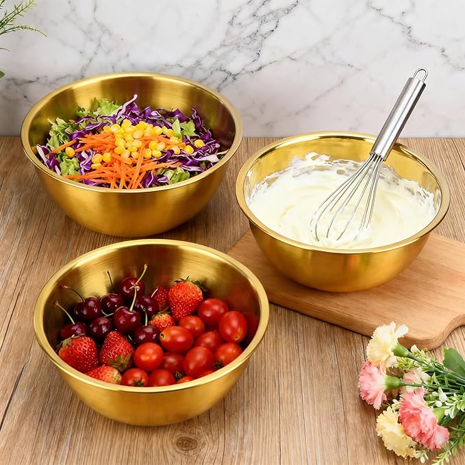 3-Piece Stainless Steel Golden Mixing Bowls (8.26") Metal Bowl with Measurement Marks, Dishwasher Safe & Stackable - Perfect for Baking, Salad Making, Meal Prep