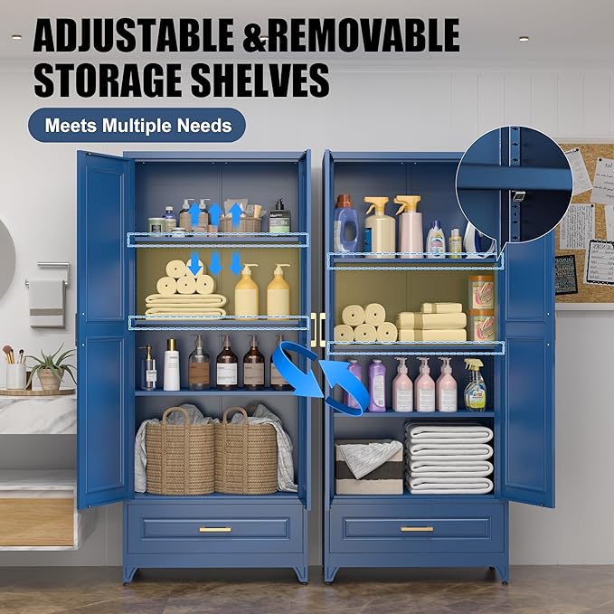 75" Tall Metal Storage Cabinet, Kitchen Pantry Storage Cabinets with Doors and 3 Shelves, Blue Pantry Cabinet with Drawer, Utility Kitchen Cupboard, Large Steel Cabinets for Living Room