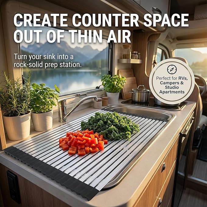 304 Stainless Steel Rollable Cutting Board – Space-Saving Over-the-Sink Workstation for RVs and Small Kitchens – Rust-Proof Heat Resistant Dishwasher Safe Non-Slip Multi-Use Prep Mat (17.8" L x 13" W)
