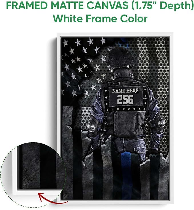 Personalized Police Poster & Framed Canvas, Policeman Thin Blue Line Us Flag Home Office Decor, Custom Name Number Bedroom Living Room Aesthetic Wall Art Gift For Husband, Dad, Men