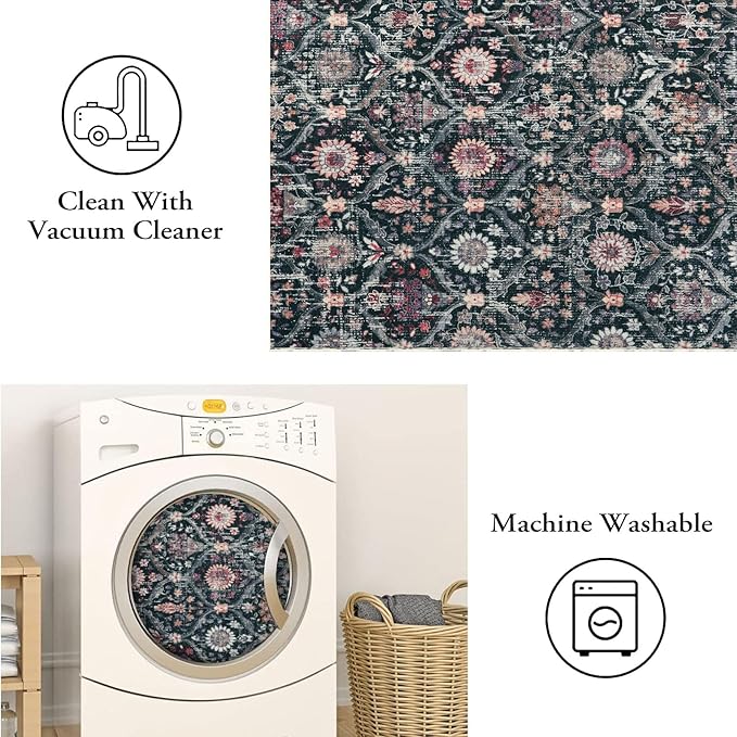 Lahome Moroccan Trellis Washable Round Rugs, Non-Slip Soft Round Rug 4ft Ultra-Thin, Small Vintage Circle Carpet for Entryway Kitchen Bedroom Nursery Bathroom, Black/Multi